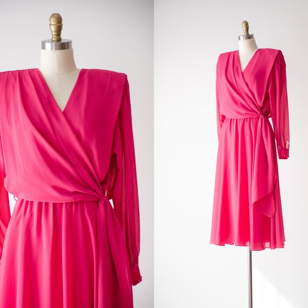 hot pink midi dress | 80s vintage Ursula of Switzerland sheer chiffon flowy long sleeve dress