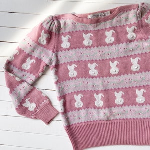cute cottagecore sweater 80s 90s vintage Susan Bristol pink bunny rabbit easter sweater image 2