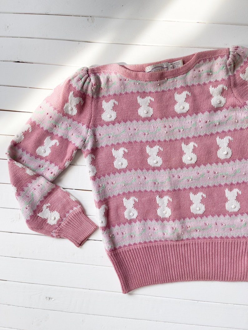 cute cottagecore sweater 80s 90s vintage Susan Bristol pink bunny rabbit easter sweater image 2