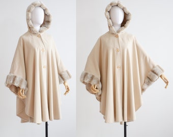 beige wool cape 90s vintage faux fur trimmed hooded cape coat