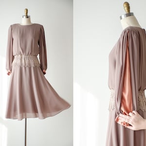 70s 80s vtg Ursula of Switzerland sheer brown chiffon bishop sleeve midi dress