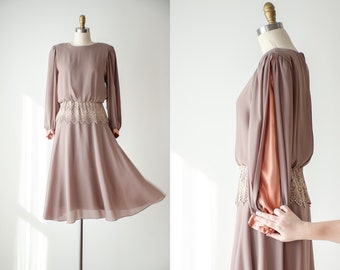 sheer chiffon dress | 70s 80s vintage Ursula of Switzerland see through light brown chiffon billowy bishop sleeve flowy midi dress