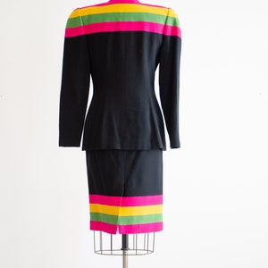 black wool suit 80s vintage hot pink lime green yellow striped skirt suit image 9