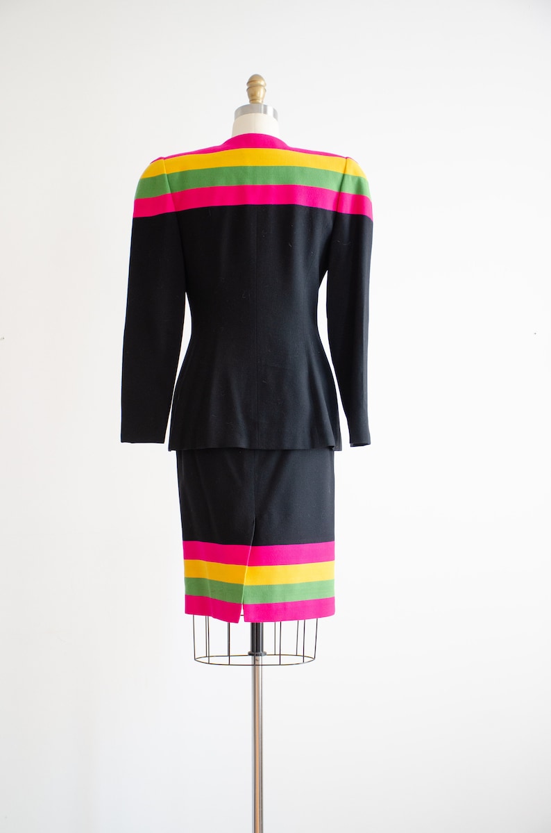 black wool suit 80s vintage hot pink lime green yellow striped skirt suit image 9