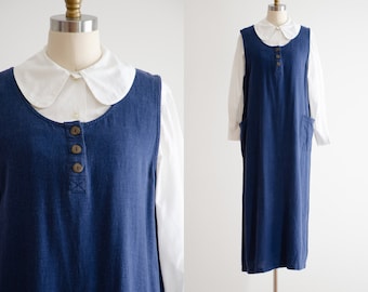 navy linen dress 90s y2k vintage loose oversized dark blue pinafore dress