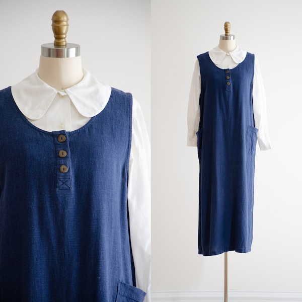 navy linen dress 90s y2k vintage loose oversized dark blue pinafore dress