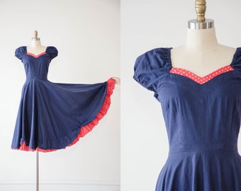 cute cottagecore dress | 50s 60s vintage navy blue red polka dot puff sleeve cotton fit and flare circle skirt dress