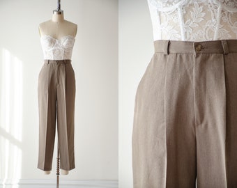 high waisted pants 90s vintage light brown dark academia pleated straight leg ankle trousers