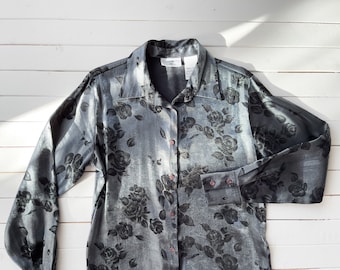 shiny silver blouse 90s y2k vintage shimmery gray black floral shirt