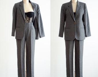 gray wool suit 90s vintage straight leg pantsuit
