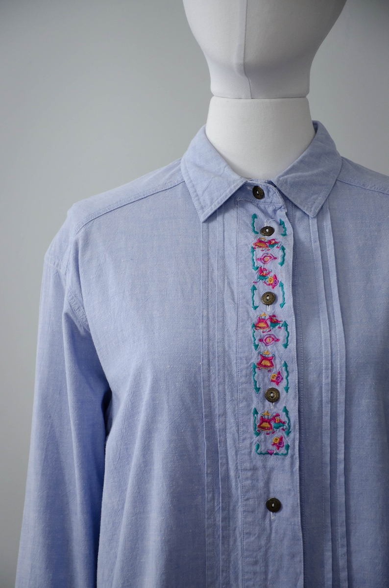 blue cotton blouse novelty embroidered blouse