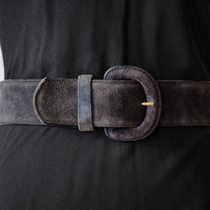 wide black leather belt | 80s 90s vintage black suede statement waist belt