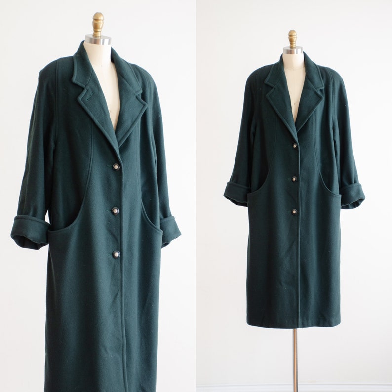 green wool coat 80s 90s plus size vintage forest green minimalist long wool coat image 1