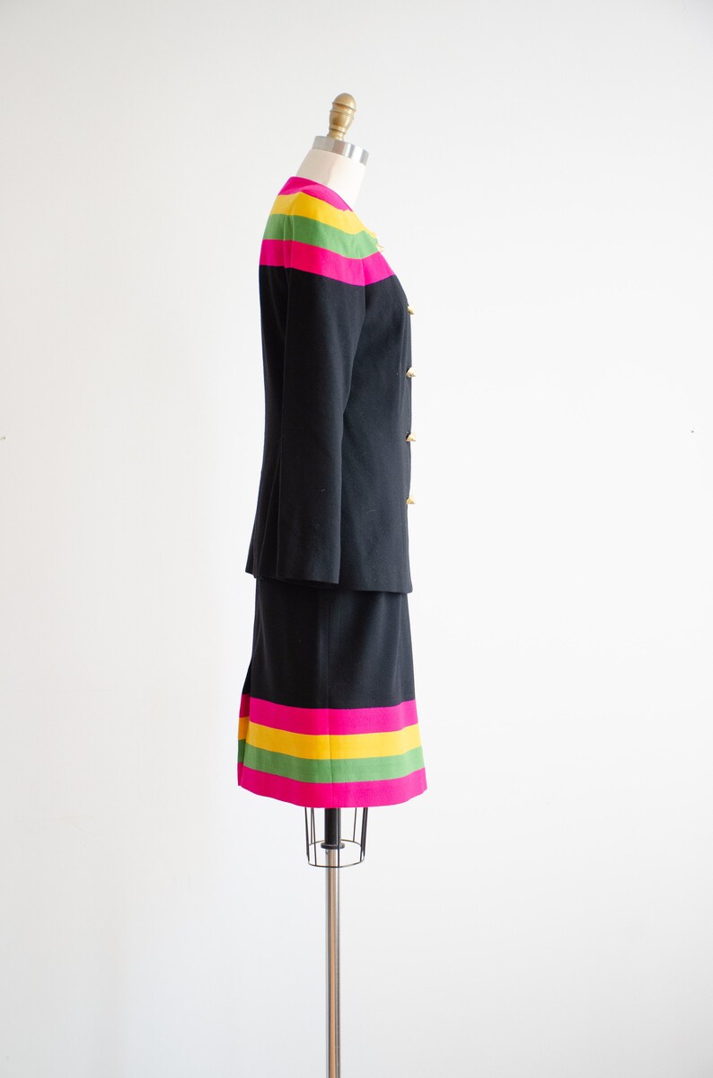 black wool suit 80s vintage hot pink lime green yellow striped skirt suit image 8