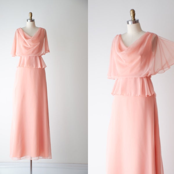 pink chiffon dress | 70s vintage blush peach flutter sleeve full floor length party prom dress gown