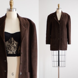 brown velvet jacket 90s vintage Saks Fifth Avenue black brown grid plaid blazer
