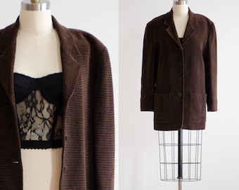Chaqueta de terciopelo marrón, años 90, vintage, Saks Fifth Avenue, blazer de cuadros negros y marrones.
