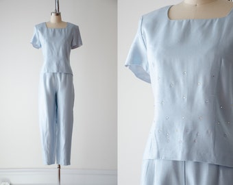 pastel blue suit | 90s y2k vintage powder blue rhinestone short sleeve blouse pants set