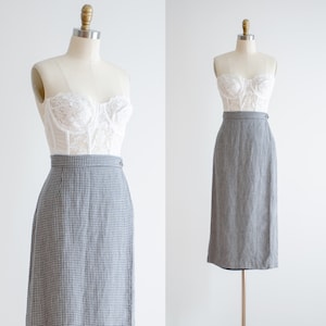 long linen skirt 90s vintage navy blue greige houndstooth pattern longline midi wrap skirt image 1