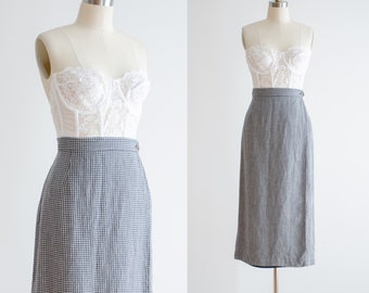 long linen skirt | 90s vintage navy blue greige houndstooth pattern longline midi wrap skirt