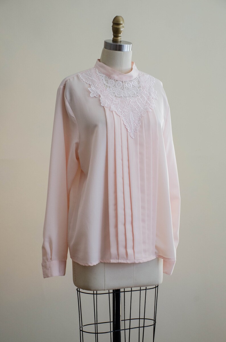 80s lace collar blouse silky pink Edwardian style high collar vintage blouse image 5