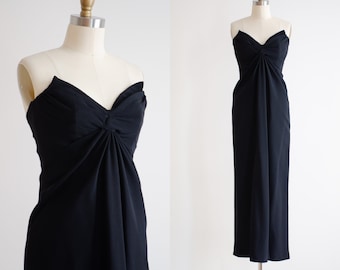 black dress 80s vtg Victor Costa minimalist strapless floor length evening gown