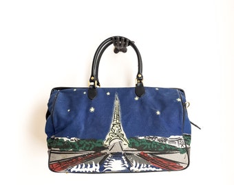 large duffel bag 90s vintage Eiffel Tower cotton weekender travel bag
