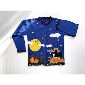 vtg Quacker Factory Halloween black cat bats moon cardigan sweater M