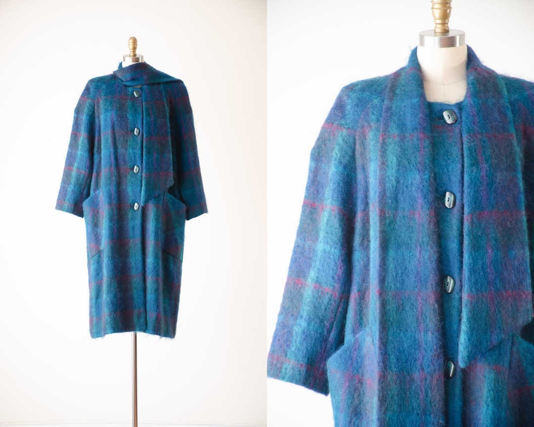 Plaid Mohair Coat 80s Vintage Alorna Teal Blue Green Plaid Etsy