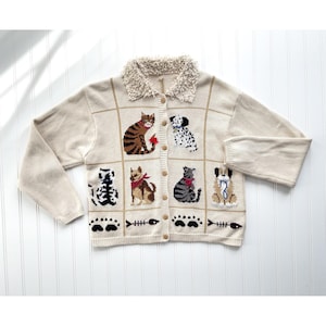 vtg cream cat dog embroidered cotton cardigan sweater size S-M