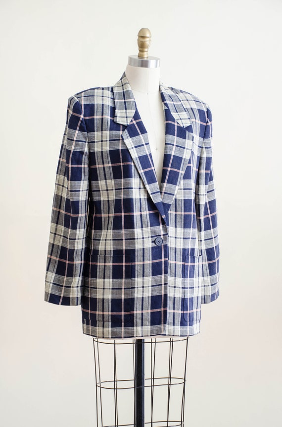 navy blue plaid jacket | linen plaid blazer - image 6