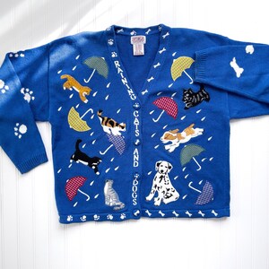 Cat Sweater 90s Vintage PBJ Sport Raining Cats and Dogs Hand Knit