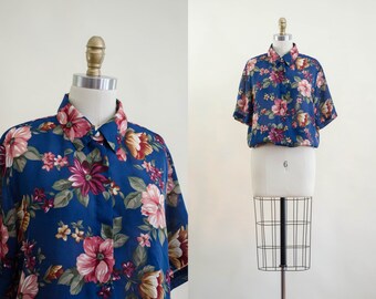 sheer floral blouse | 80s cropped oversized navy blue romantic floral see through smocked vintage blouse