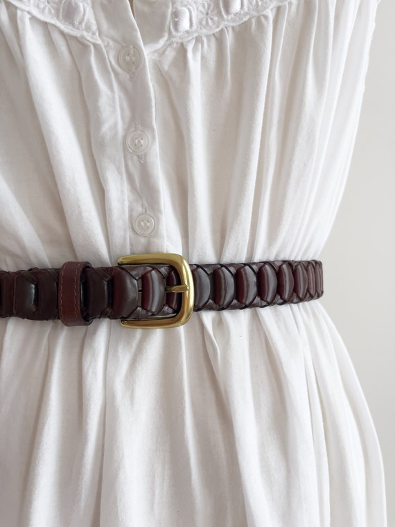 brown braided leather belt 90s vintage brown woven