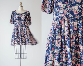 floral mini dress | 90s vintage All That Jazz navy blue pink green floral loose oversized tiered flowy short babydoll dress