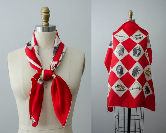 1940s silk scarf | red silk scarf | hunting novelt