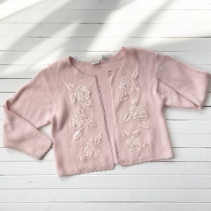 pastel pink sweater 80s 90s vintage soft fuzzy ribbon embroidered cardigan image 1