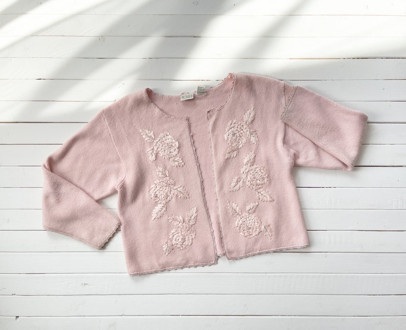 pastel pink sweater 80s 90s vintage soft fuzzy ribbon embroidered cardigan image 1