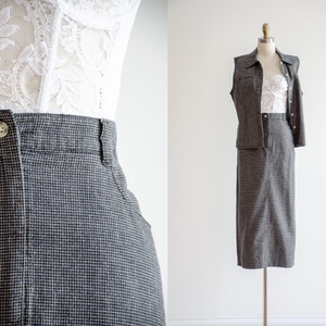 black linen skirt set 90s y2k vintage Talbot's minimalist black beige plaid linen midi skirt black linen vest image 1