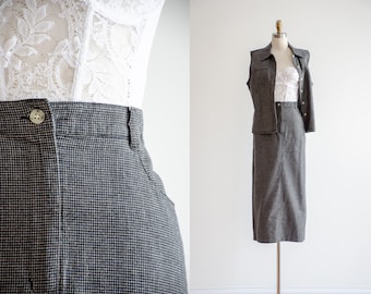 black linen skirt set | 90s y2k vintage Talbot's minimalist black beige plaid linen midi skirt black linen vest