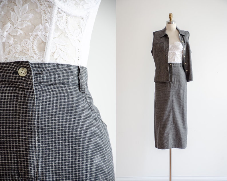 black linen skirt set 90s y2k vintage Talbot's minimalist black beige plaid linen midi skirt black linen vest image 1