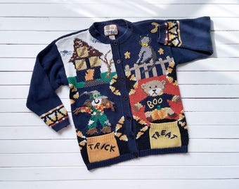 Halloween sweater 90s vtg Crystal Kobe scarecrow bear cat hand knit cardigan