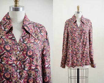 pink silk lapel blouse | 90s vintage Terry Lewis pink brown mustard psychedelic paisley oversized long sleeve blouse