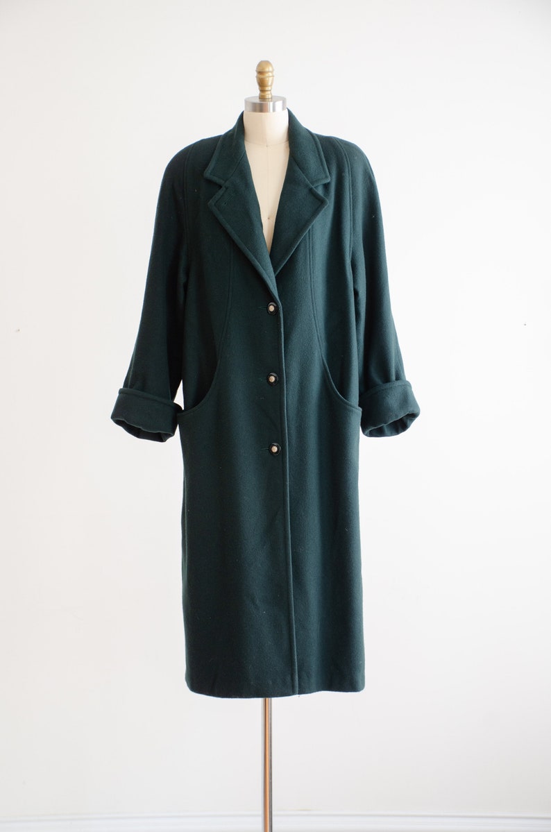 green wool coat 80s 90s plus size vintage forest green minimalist long wool coat image 3