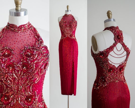 burgundy evening gown | beaded silk chiffon gown