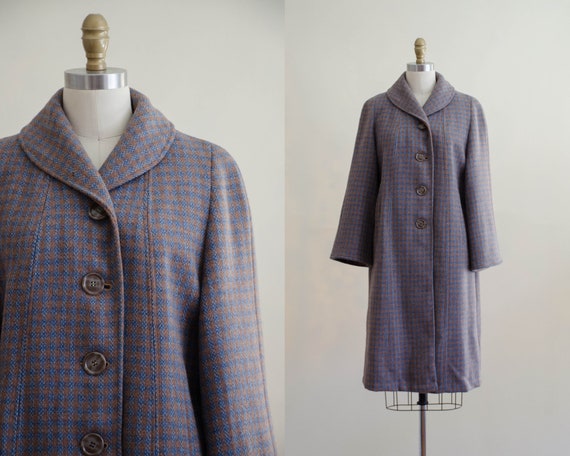 plaid wool coat | 1960s coat | blue and brown wool