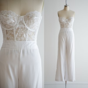 Women's Denim High Waisted White Lace Insets Wide Flare Bell Bottom Pants/vintage  70s Style/hippie/boho Pants. 