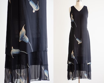 black maxi dress 90s y2k vintage silk chiffon calla lily sleeveless dress