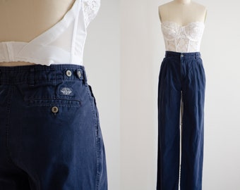 high waisted pants 90s vintage Dockers navy blue dark academia khaki cotton straight leg trousers