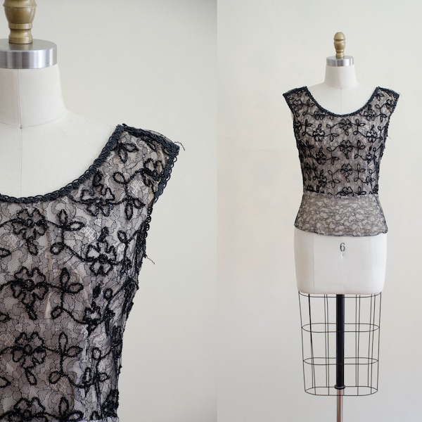 1950s black lace top | lace illusion blouse